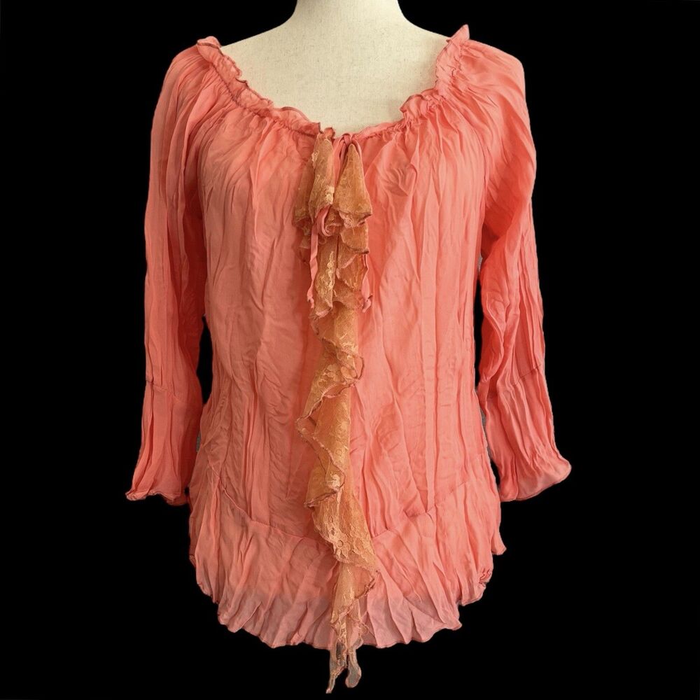 MDS Fairycore Sheer Top Size M Vintage Lace Ruffles Pleats Boho Peasant Romantic